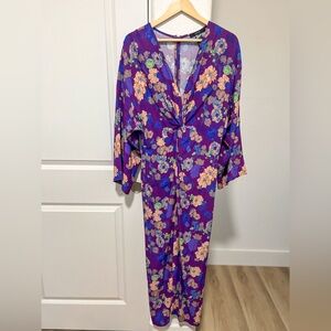 •NEW•SMYTHE Purple Violet Floral Long Sleeve Twist Slit Midi Dress